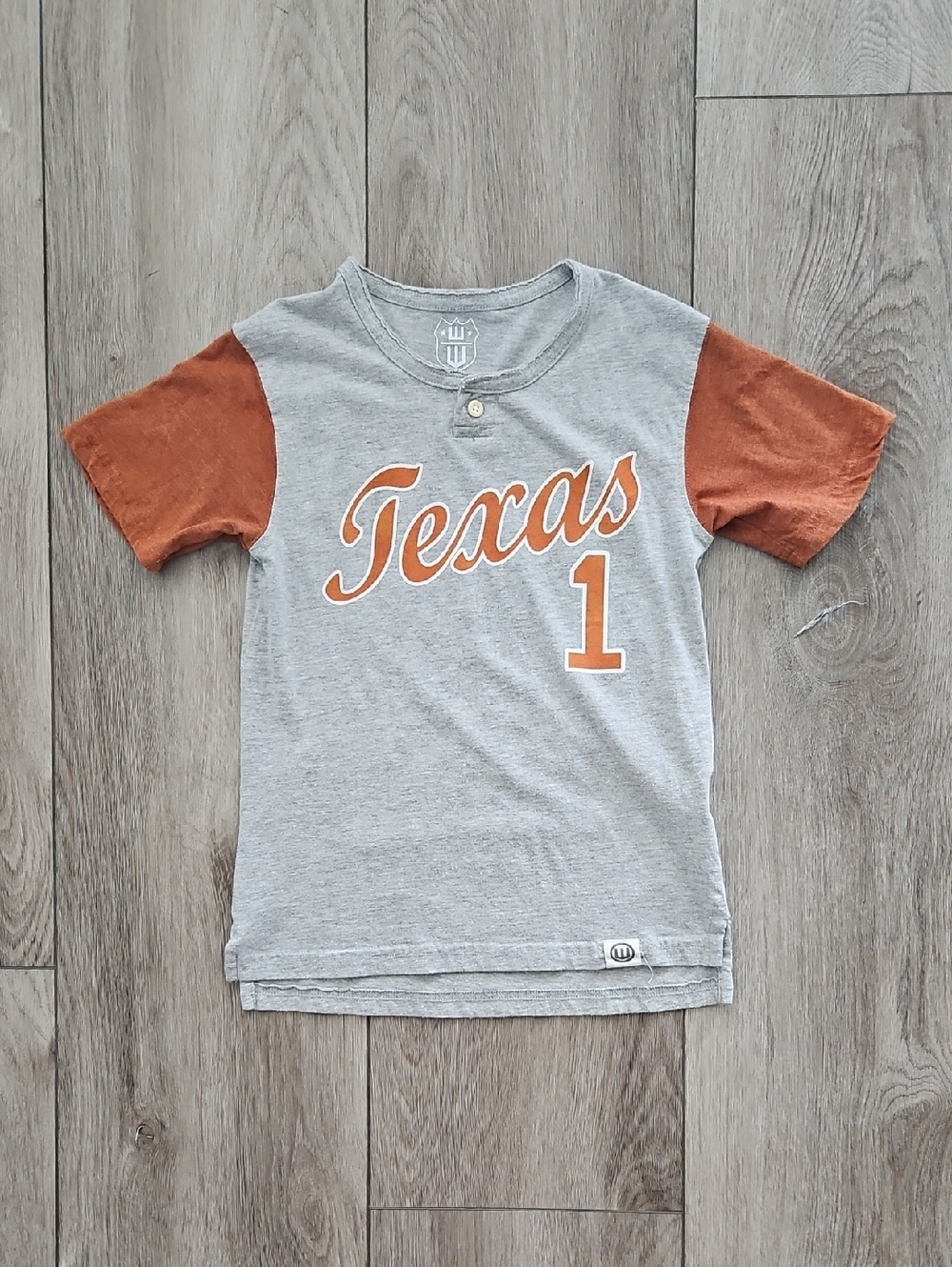 Texas Script Number Short Sleeve Kids Tee - Grey & Burnt Orange